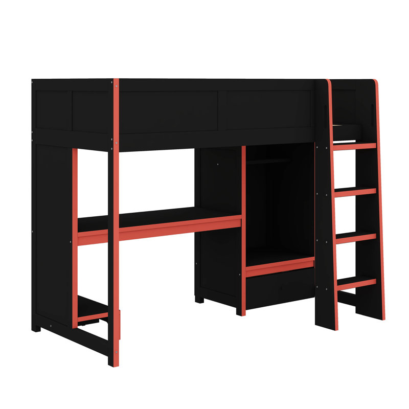 Lit mezzanine simple en bois avec bureau intégré, garde-robe, DEL et tiroir, Lit simple
