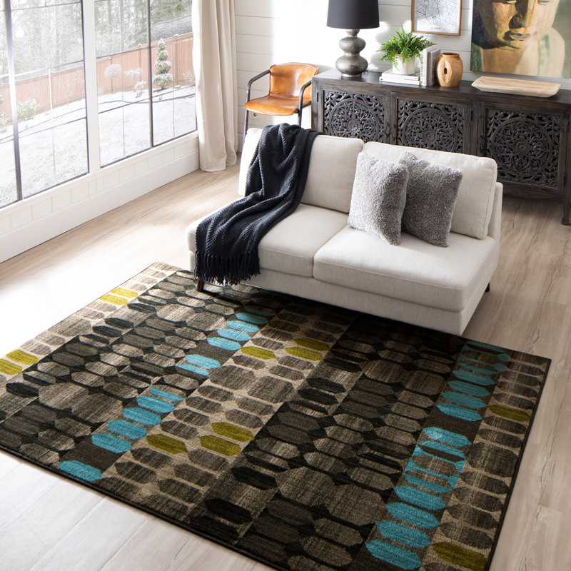 Gray and Black Geometric Polyester Area Rug, 9'6" x 12'11"