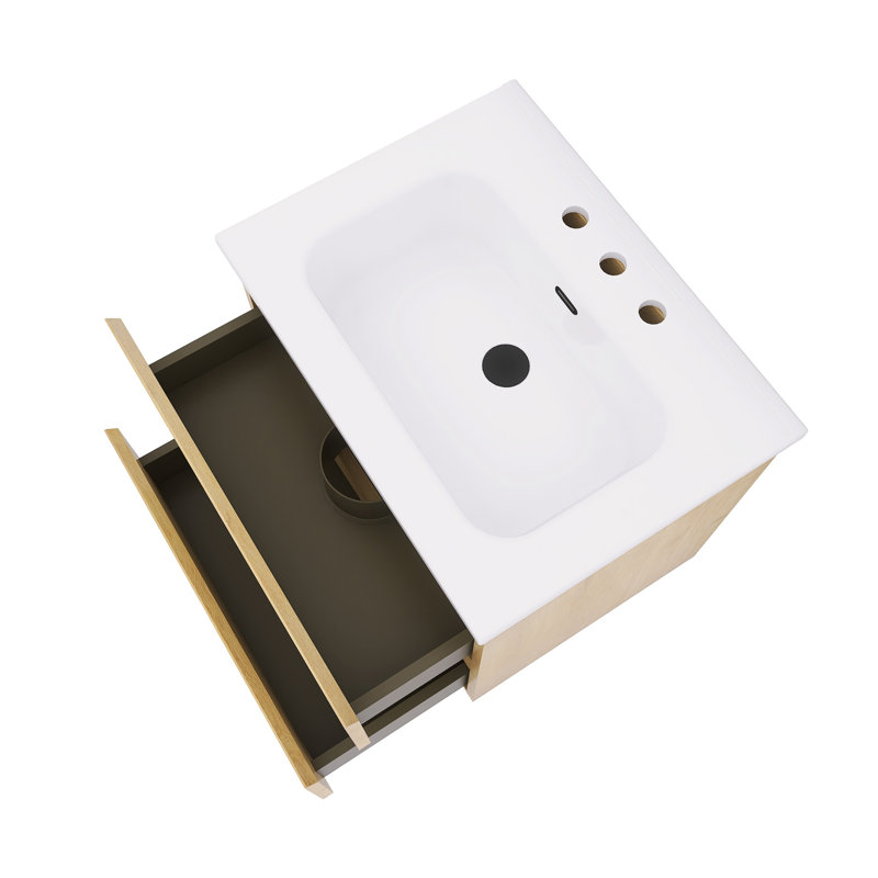 Meuble-lavabo mural 24 po avec lavabo en céramique blanche, Chêne naturel