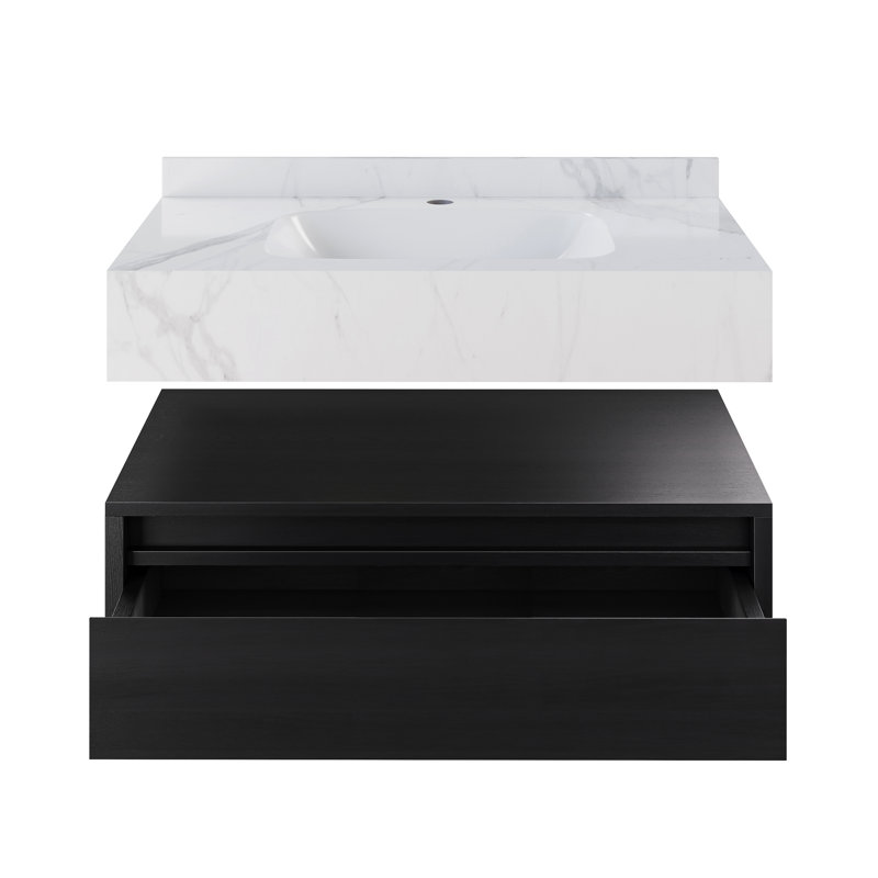 Avancer 36" Wall-Mounted Bathroom Vanity With White Marble Sink Top, Black