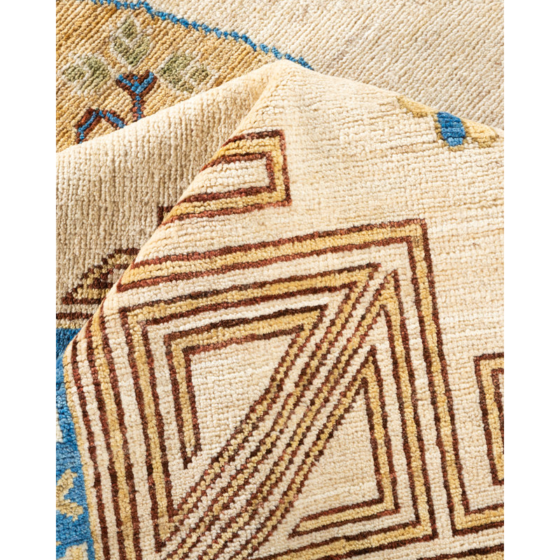 Tapis unique ivoire / bleu noué à la main 9 pi x 11 pi 10 po Treyon Khotan