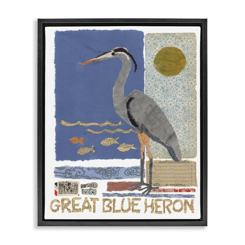Cadre flottant Great Blue Heron Collage, design par Nancy Overton, Cadre flottant noir de jais, H 21 po x l 17 po