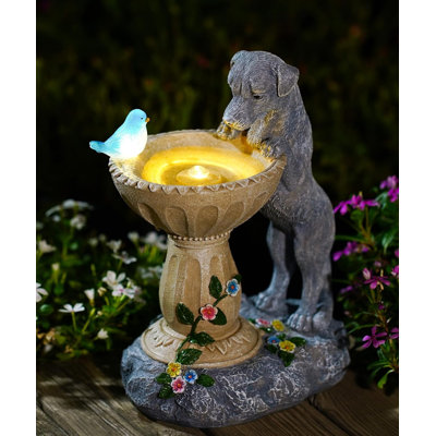 Statue solaire de chien pour décoration de jardin: Résine résistante aux intempéries avec éclairage automatique - Aucune installation - Art extérieur pour balcon de patio - Cadeaux d'anniversaire pour les amoureux des oiseaux, maman, grand-mère