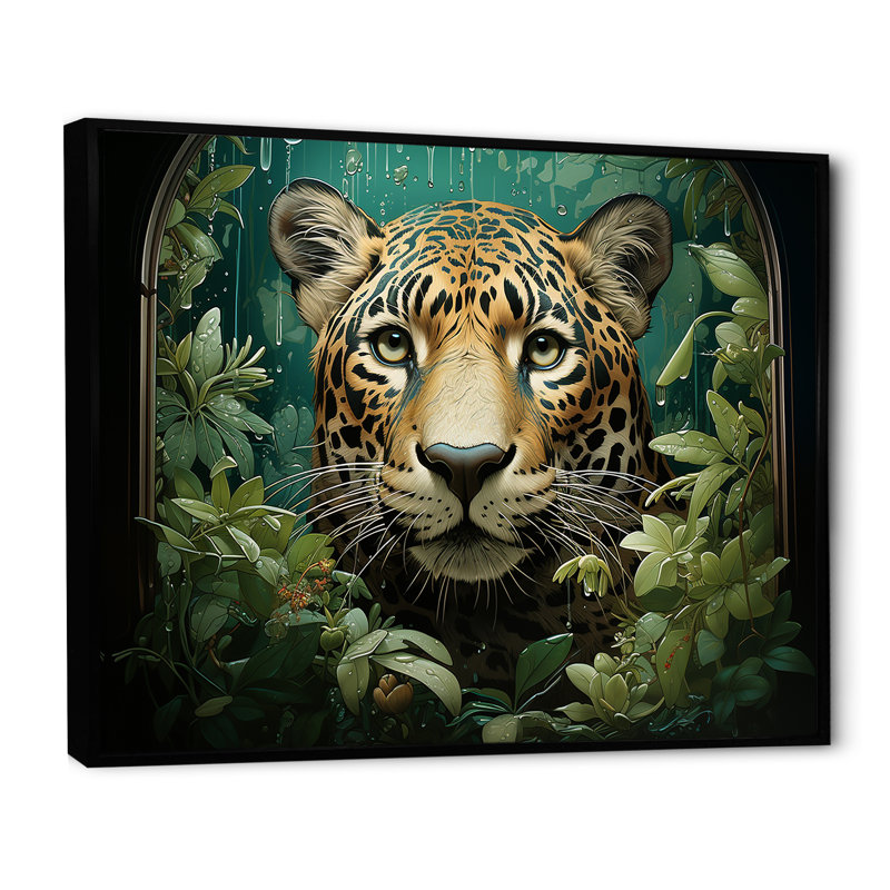 «Joyful Jaguar in Jungle», reproduction sur toile, Cadre flottant noir, H 34 po x l 44 po x P 1,5 po