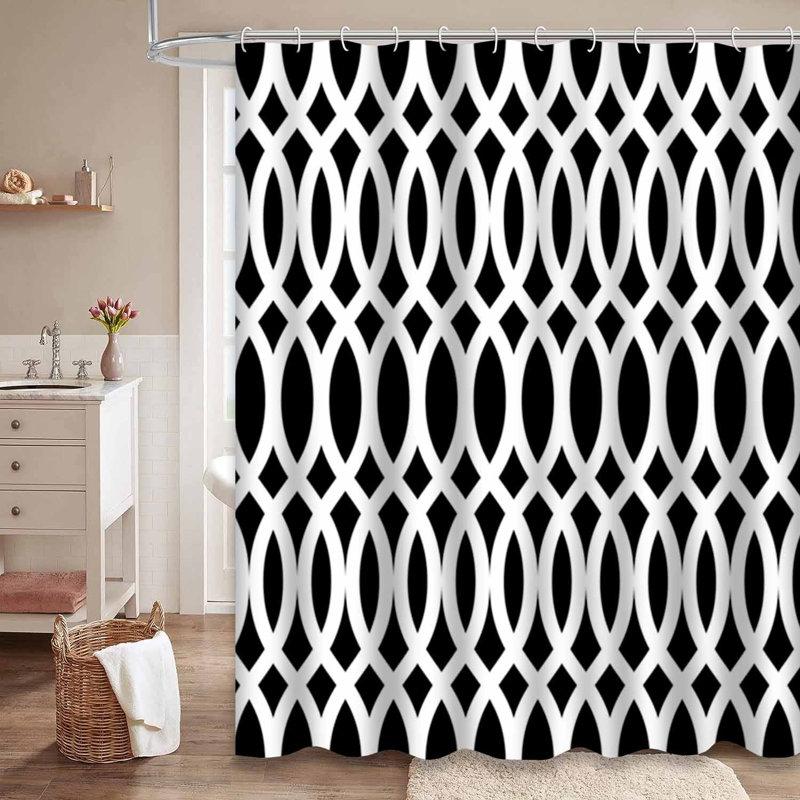 Rideau de douche sans soudure à motif abstrait géométrique blanc avec 12 crochets, L 72 po x l 78 po