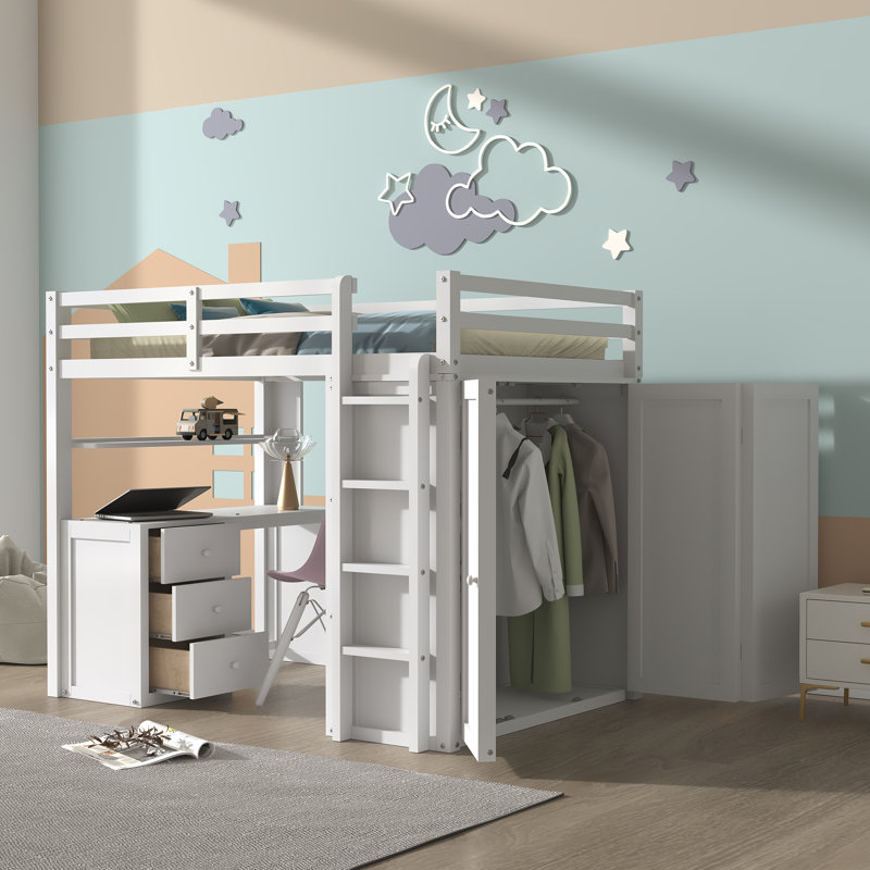 Lit mezzanine double avec tiroirs Alvara Kids, Blanc