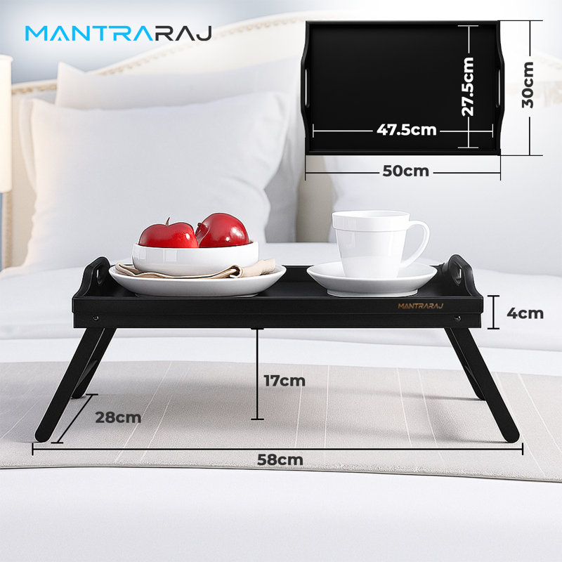 Wooden Bamboo Breakfast Food Serving Tray Black Portable and Folding Legs 