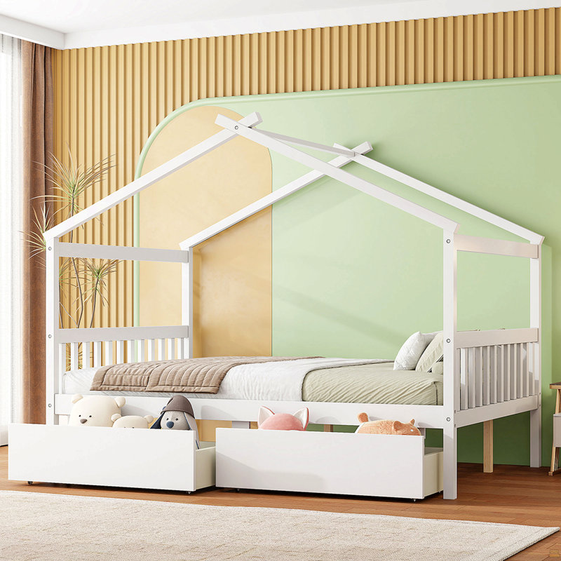 Lit double en bois avec tiroirs, Lit double, Blanc
