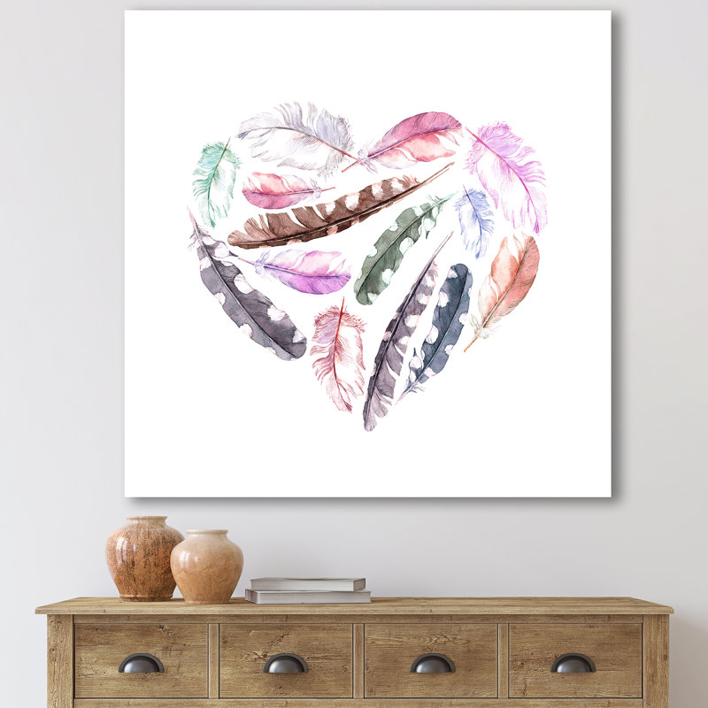 «Retro Heart with Pink Bird Feathers», impression sur toile, Toile tendue, H 30 po x l 30 po x P 1 po