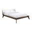 Grand lit en noyer massif de style Mid-Century moderne, lit plateforme avec tête de lit à oreilles en tissu, pieds fuselés, tête de lit prête à accueillir matelas-1486206665