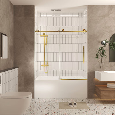 Shower Door With 56 - 60" Width And Height, 1/4"  6 Mm  Clear Tempered Glass, Proof Coating, Brushed Gold Finish, Stainless Steel Handle, American Style For Bathroom, Round Tracks Stable Long Lasting