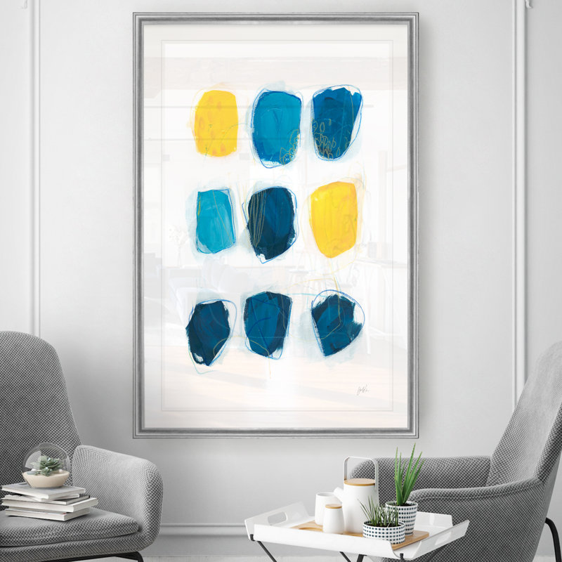 Banko Citron & Indigo I - Tableau sous verre acrylique, grand format, idéal pour le salon., H 22,5 po x l 30,5 po x P 1,5 po