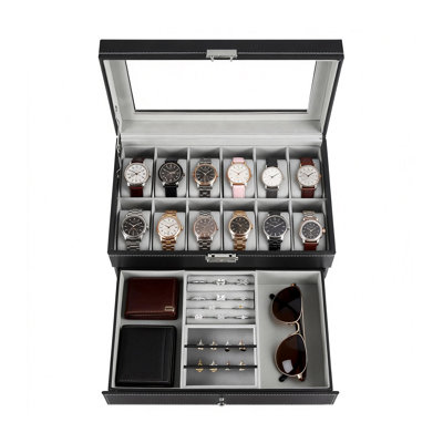 Black Watch Box 12 Slot Watch Display Organizer Pu Leather Jewelry Organizer Storage Display Case With Two Layers Black Watch Box 12 Slot Watch Display Organizer Pu Leather Jewelry Organizer Storage Display Case With Two Layers