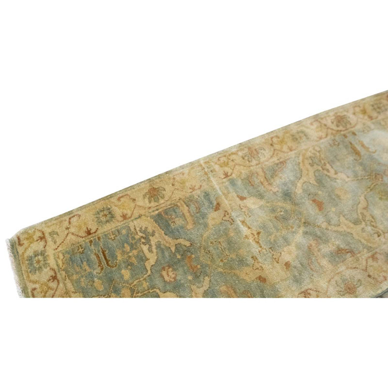 Tapis de couloir unique en laine noué à la main bleu clair / ivoire 2 pi 7 po x 14 pi
