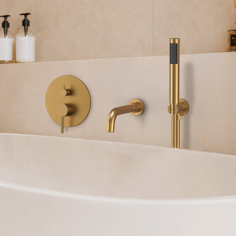 Robinet de baignoire mural avec valve à pression équilibrée et douche à main, Or brossé