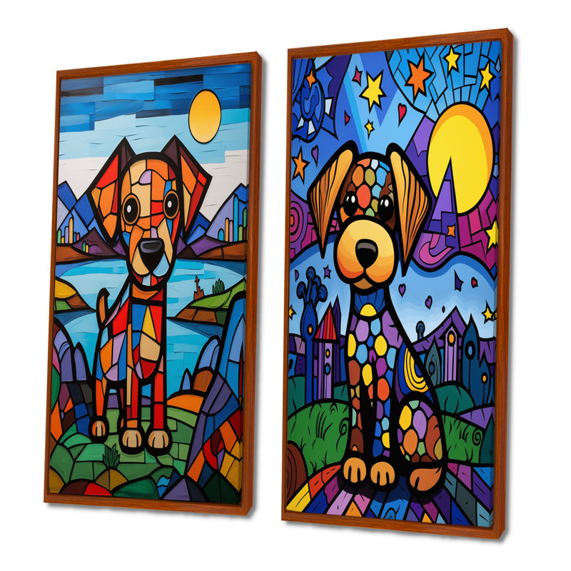 Ensemble de 2 reproductions géométriques multicolores «I», art mural, H 40 po x l 40 po, Brun, Impression encadrée