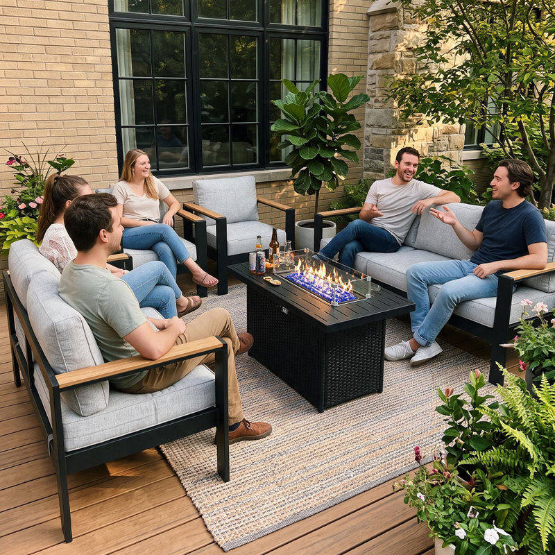 5 Pieces Outdoor Aluminum Furniture Set With Fire Pit Table For Outside Patio, Modern Patio Conversation Chat Set, Light Gray