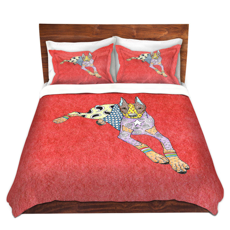 Ensemble de housse de couette doberman dog, 1 housse simple + 1 taie standard, Rouge / Gris / Blanc