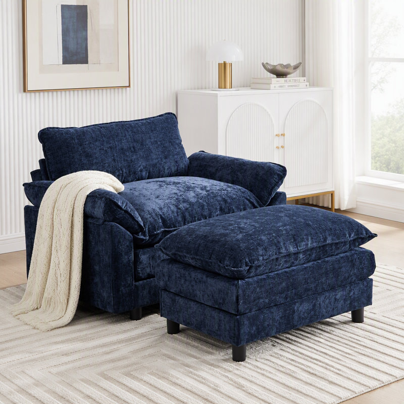 Chaise d'appoint moderne avec repose-pieds, revêtement en chenille moelleuse et structure en bois massif, Tissu bleu, Oui