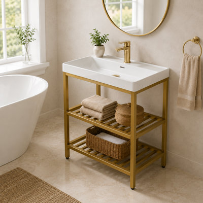 24" Resin Integrated Sink & Stainless Steel Frame Freestanding Bathroom Vanity with 2-Tier Open Storage