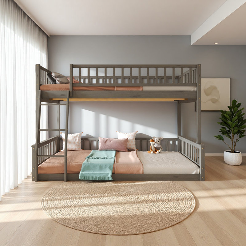 Full XL Over Queen Bunk Bed With Ladder And Guardrails, Gray