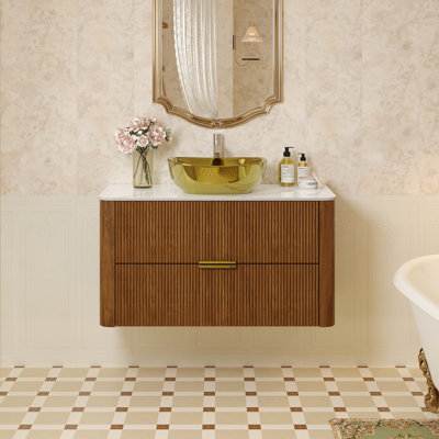 Ensemble de meuble-lavabo flottant simple 36 po avec lavabo en céramique dorée, bois massif brun, 2 tiroirs