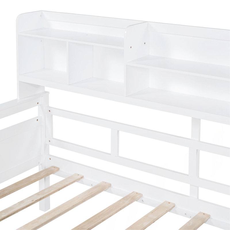 Lit de jour, support en lattes de bois, avec tablettes de chevet et deux tiroirs, Lit simple