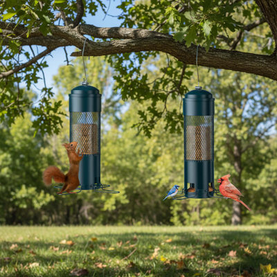 Hanging Bird Feeder, Outdoor Squirrel Resistant, Weight Activated Perches, Metal, 3 Lbs Seed Capacity, Green