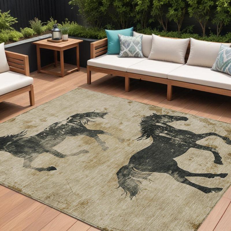 Tapis extérieur lavable à motif de cheval beige et gris anthracite 8 pi x 10 pi
