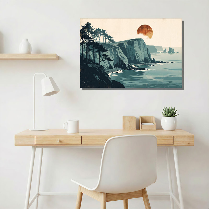 Art mural toile sarcelle, falaises côtières et soleil rouillé, H 32 po x l 48 po