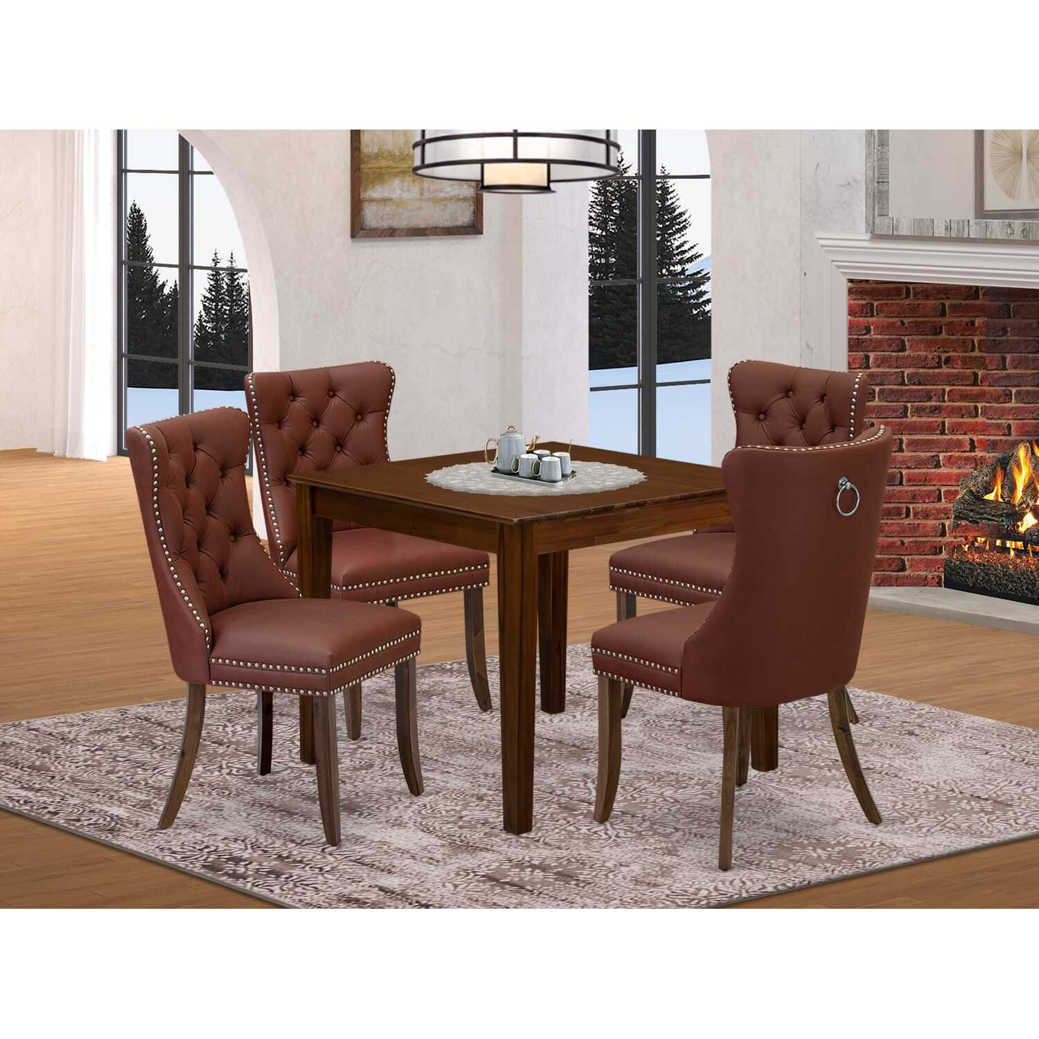 Red Dining Set Red Barrel Studio® 5-Piece Linen White Finish Solid Wood Top - Square ...