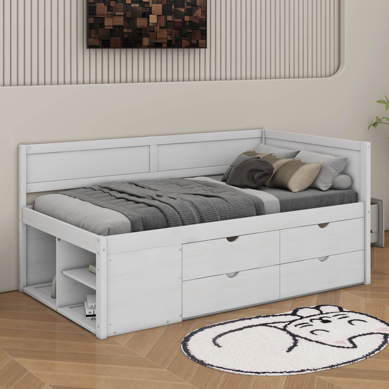 Lit de jour avec tiroirs et tablettes, Lit simple, Blanc