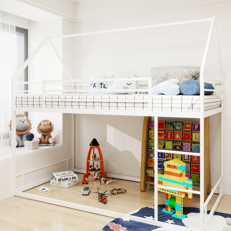 Lit superposé simple en métal blanc, cadre de lit en fer, réduction du bruit, aucun sommier requis, convient aux chambres de petite maison, cadre de 49,21 po de hauteur, garde-corps intégré de 13 po, capacité de charge de 400 lb, fixe
