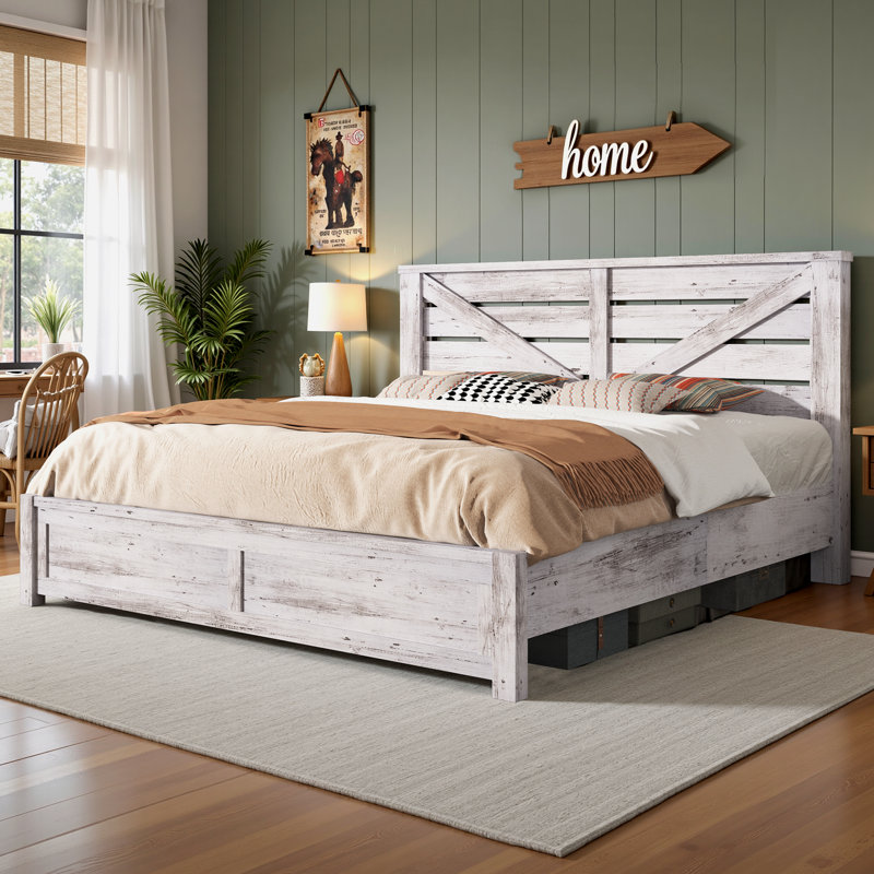  Tryston Farmhouse King Bed Frame with 49.2" Barn Door Headboard, White, King, White