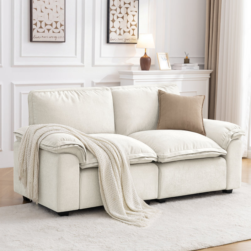 72" Chenille Upholstered Cloud Sofa 2-Seater Couch Comfy Loveseat Sofa for Apartment Bedroom Living Room, White