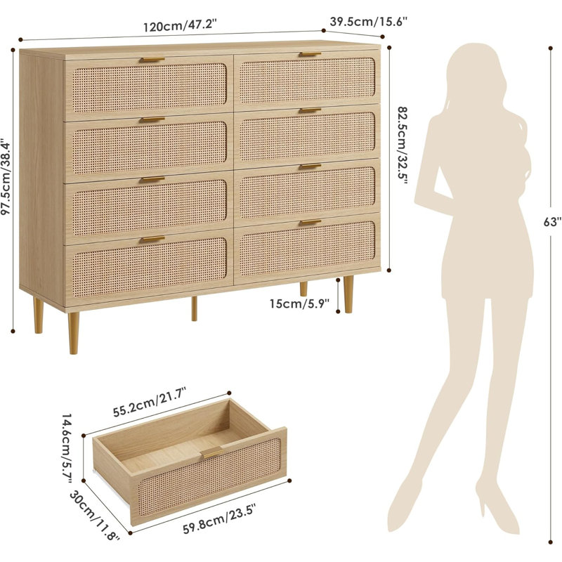 Commode haute 8 tiroirs, commode en bois naturel