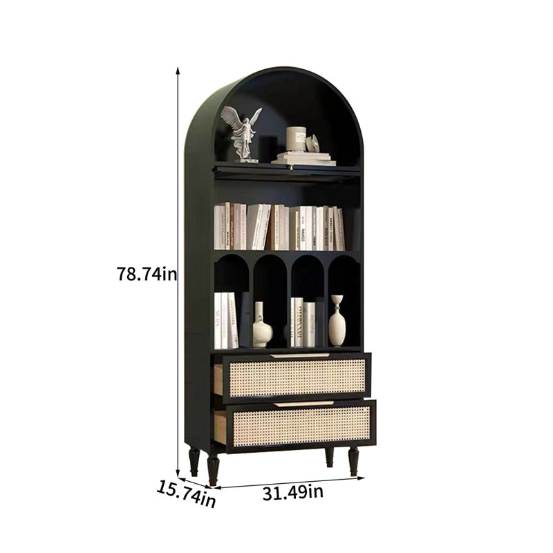 Bibliothèque moderne en bois et rotin simple, Noir, noir, noir, noir