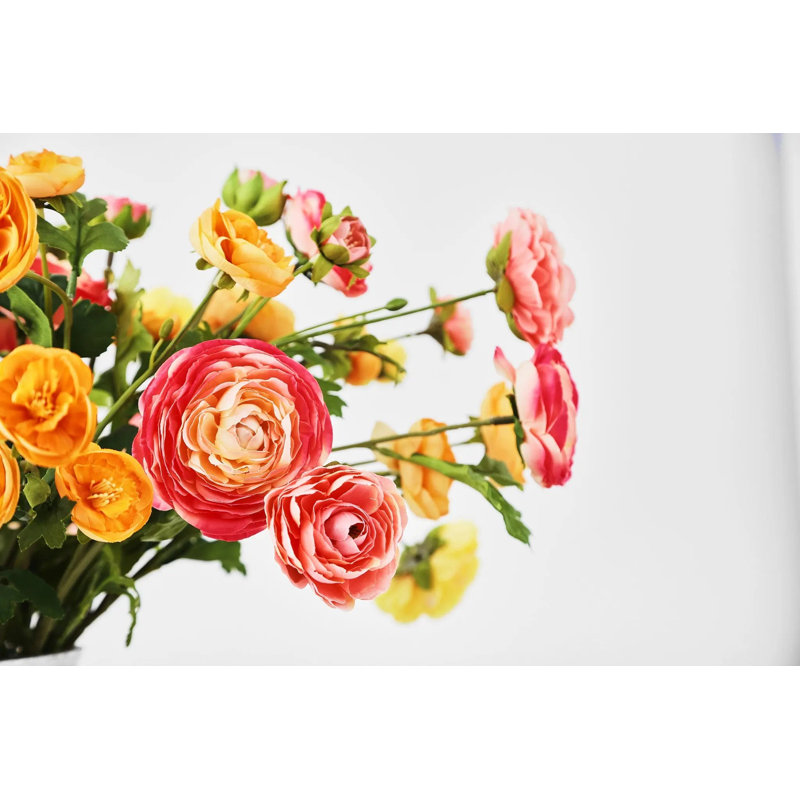 Mixed Sunrise Ranunculus - Yellow, Orange, Coral & Pink Blooms in Silver Etched Bottle Vase Spring Floral Water Illusion Arrangement