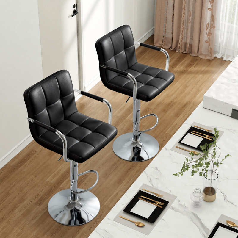 Ensemble de 2 tabourets de bar pivotants réglables, chaises de bar en polyuréthane rembourrées à hauteur de comptoir avec base chromée et repose-pieds, noir