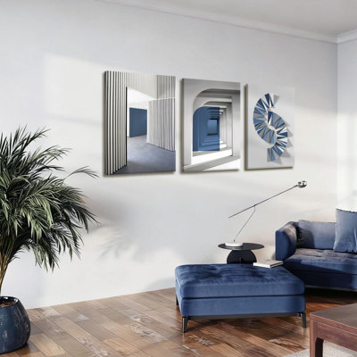 3-Pcs Abstract Blue Canvas Wall Art Neutral Minimalist Paintings Gray Geometric Posters Print Modern Architecture Image Artwork Living Room Bedroom Or Office Wall Decoration 12X16 Inch