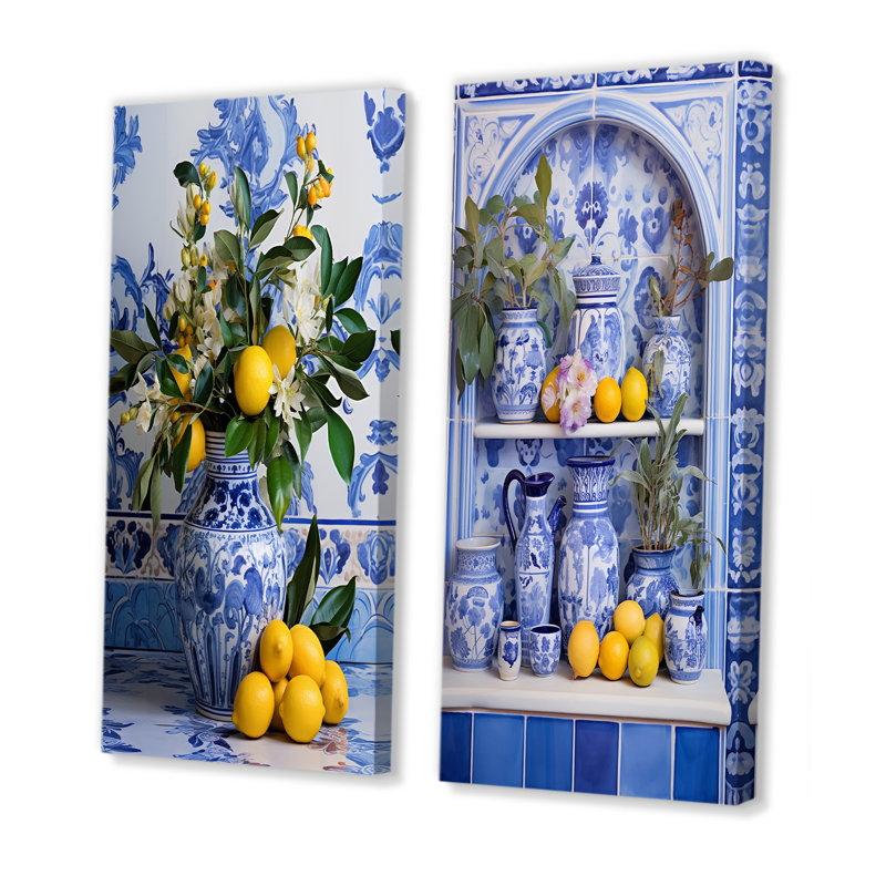 «Greek Tiles Still Life Kitchen II - Boho Pottery», ensemble de 2 reproductions d'art sur toile, Toile tendue