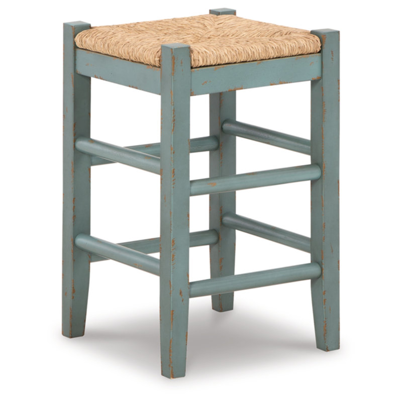 Teal Wood Backless Counter Stool with Woven Seat