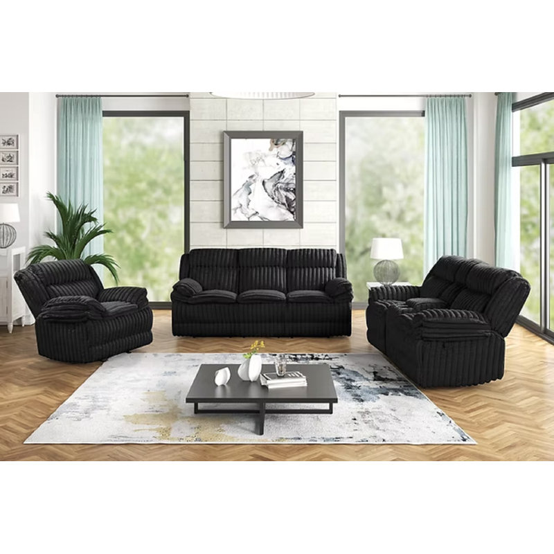Ensemble de canapé inclinable en tissu Fazeley, Velours côtelé noir