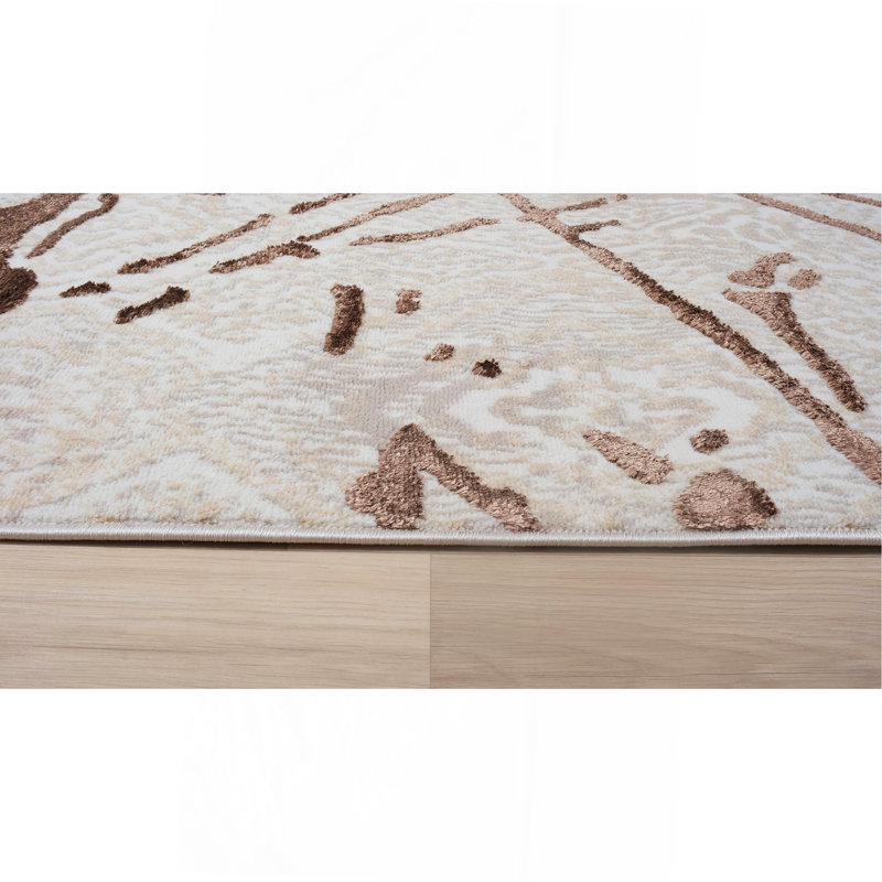 Tapis de luxe Shifra beige et gris avec motif abstrait bronze, Rectangle 9 pi x 11 pi 10 po