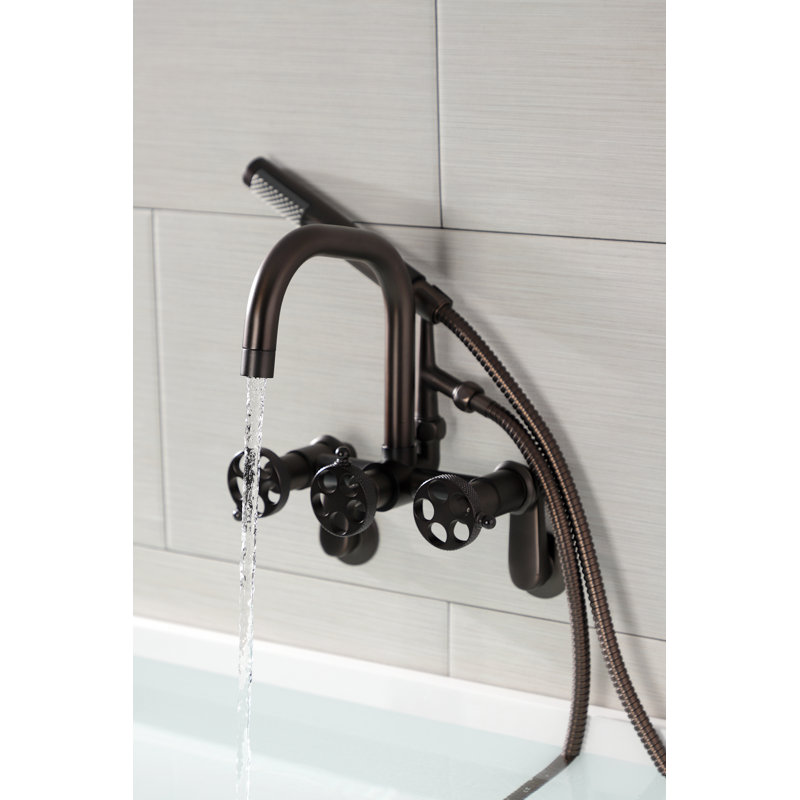 Kingston Brass Webb Three-Handle 2-Hole Adjustable Wall Mount Clawfoot Tub Faucet with Knurled Handle and Hand Shower