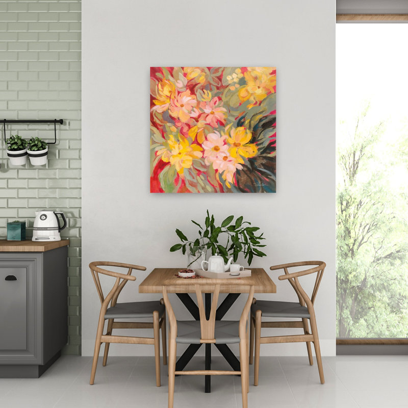 Floral contemporain magenta et sauge avec art noir et bleu, H 32 po x l 32 po