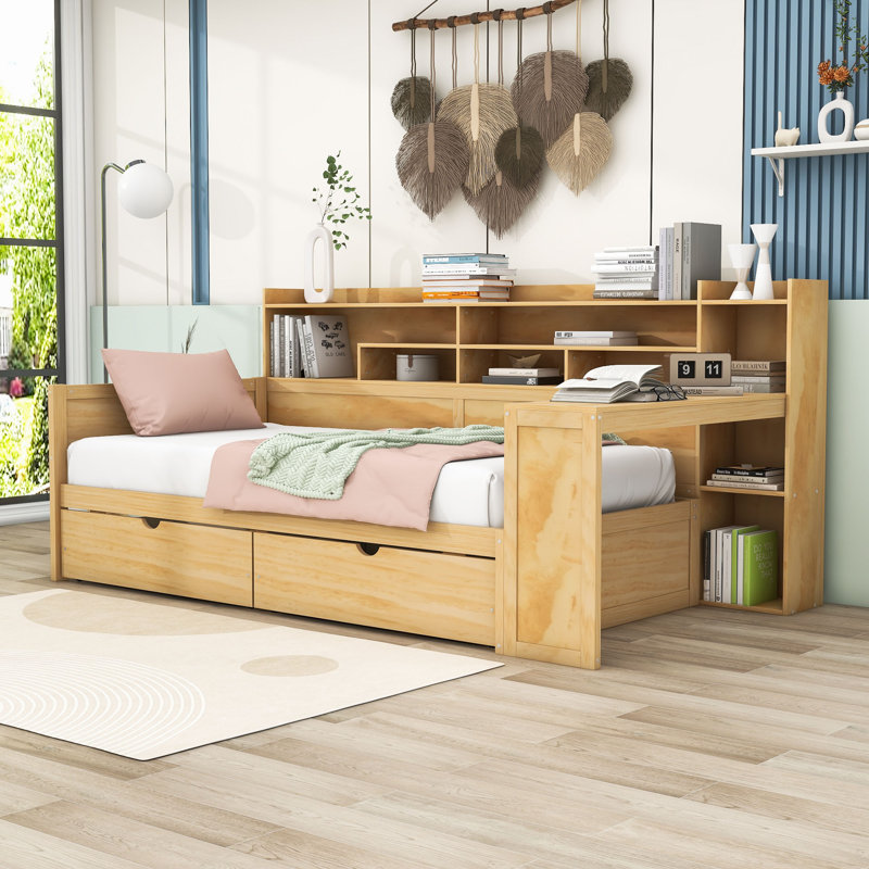 Wood 2 Drawers Daybed with Built-in Desk and Storage Shelves, Natural, Twin