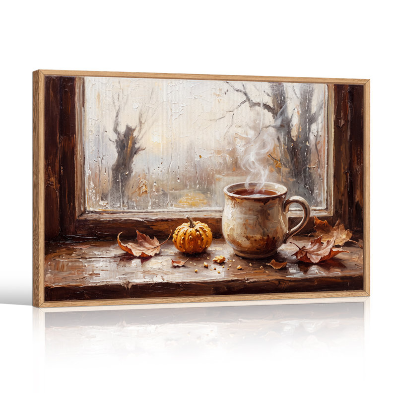 Tasse de café fumant et citrouille sur toile murale en bois pour l'Halloween, H 32 po x l 48 po