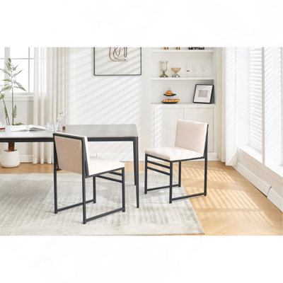 Modern Dining Chairs Set Of 2, Upholstered Linen Cushions And Backrest With Minimalist Craft Iron Racks