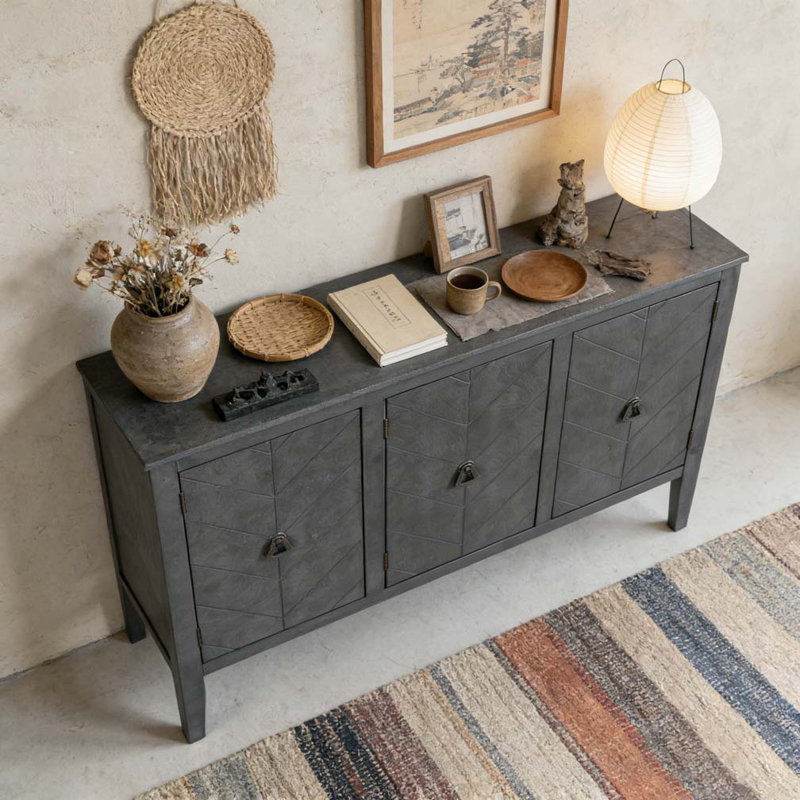Adjustable Shelf Storage Sideboard with 3 Retro Metal Handles and 4 Pinewood Legs, Grey